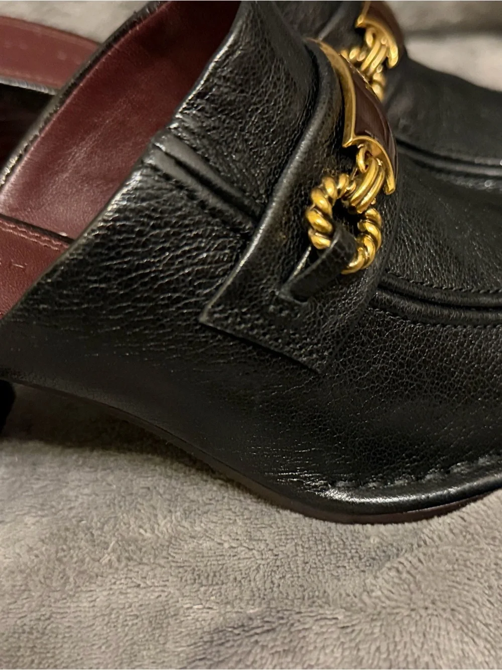 Tory Burch Black Leather Loafers with Gold Chain and Brown Enamel Plaque